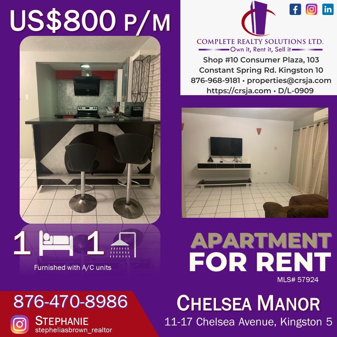 LOCATION!LOCATION!LOCATION! This furnished one bedroom, one bathroom complex is perfectly ready to move in. It is walking distance away from Kingston jerk, Starbucks, New Kingston Shopping Center, banks, hospitals and Emancipation Park which is ideal for an early morning jog. Call Stephanie 876-470-8986 today for viewing.

#crsja #completerealtysolutions #realestate #citylife #jamaicarealestate #realestatejamaica #Jamaica #realtor #apartment #rentals #forrent #lrdja
